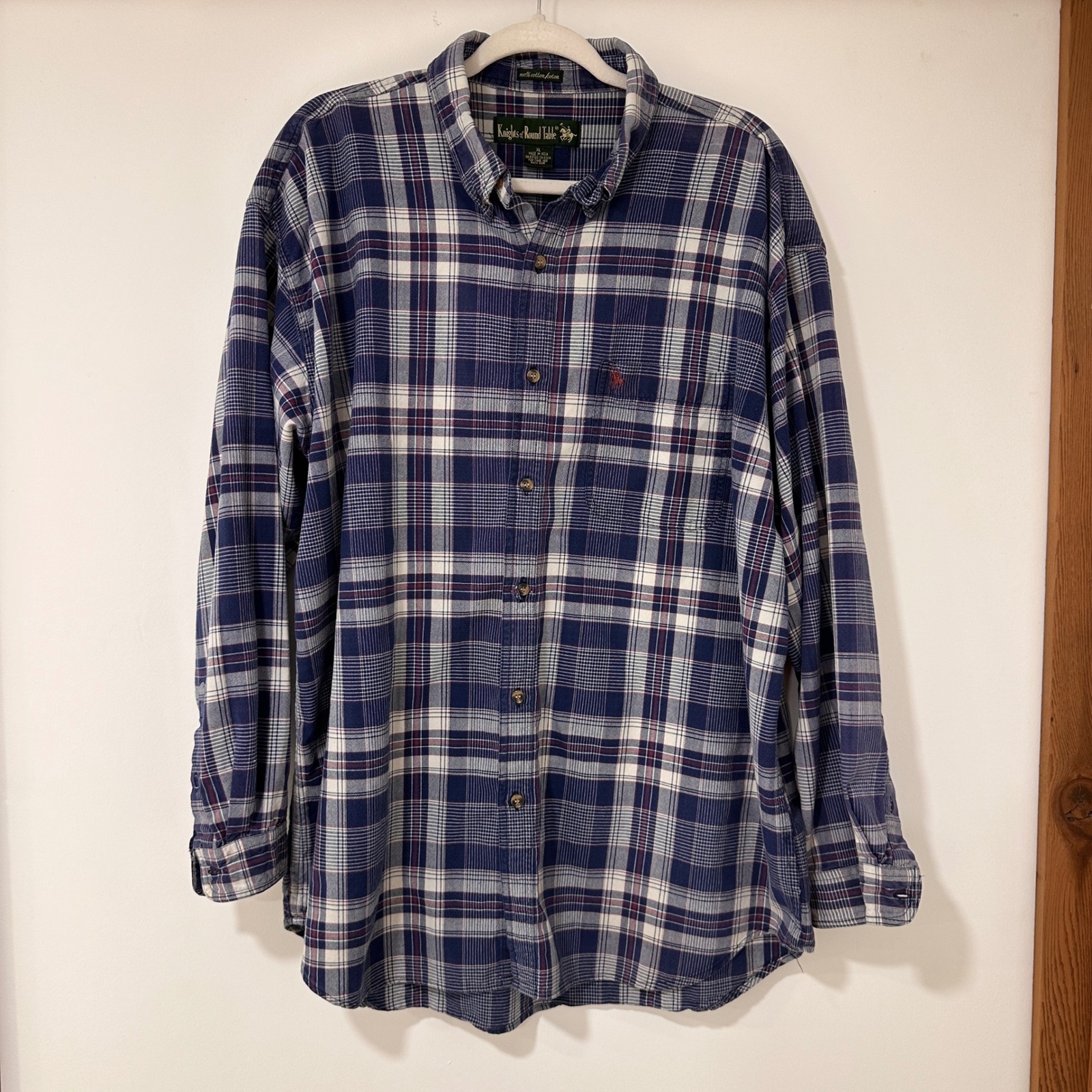 Knights Of Round Table Plaid Button Down Mens Xl Blue White Red Cotton | Classic